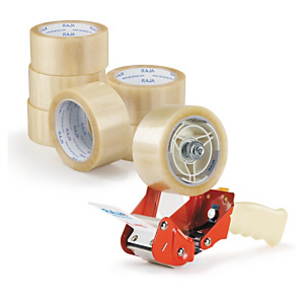 6 x Lepicí PVC páska 48mm, návin 66m, průhledná, tloušťka 53µm + 1 odvíječ pásky | RAJA