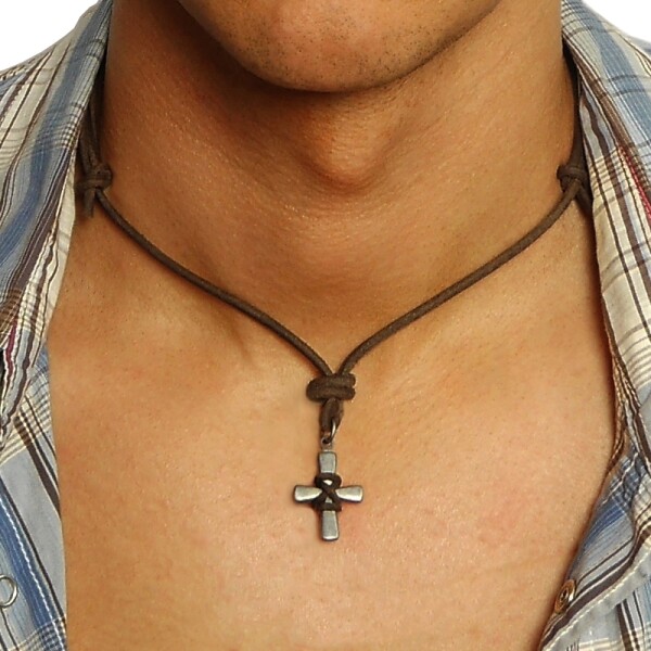 Pánský kožený náhrdelník Salvador - kříž, Hnědá 67 cm