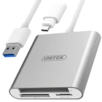 Unitek Y-9313D stříbrná / Čtečka paměťových karet / USB 3.0 / CF, SDXC, microSD / adaptér USB-C (Y-9313D)