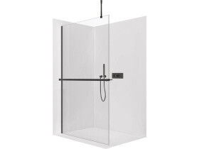 CERANO Sprchová zástěna Walk-in Onyx Top Round L/P - 10 mm - kulatá vzpěra + polička/držák na ručníky - černá matná, transparentní sklo - 150x200 cm