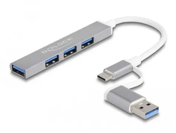 DeLock 64214 / USB hub / USB-A + USB-C / 4 porty / USB 3.2 Gen 1 + USB 2.0 / kovový (64214)