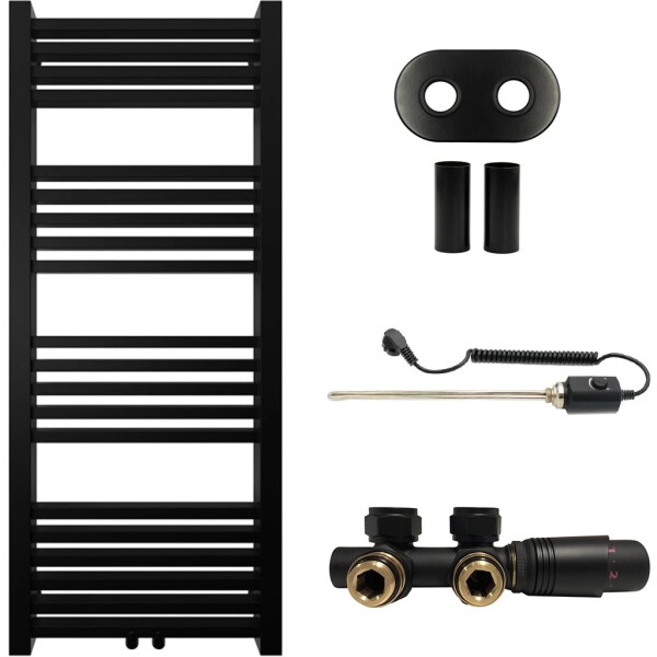CERANO Koupelnový radiátorový set Franko - kombinované výtápění, termo tyč - středové připojení 50 mm - 300W - černá matná - 1200x500 mm