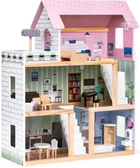 ECOTOYS Třípatrový domeček pro panenky s terasou