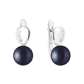 Stříbrné náušnice s černou perlou a zirkony Victoire, stříbro 925/1000, Stříbrná Černá