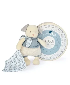 Doudou Dárková sada - Plyšový pejsek s dečkou z BIO bavlny 22 cm