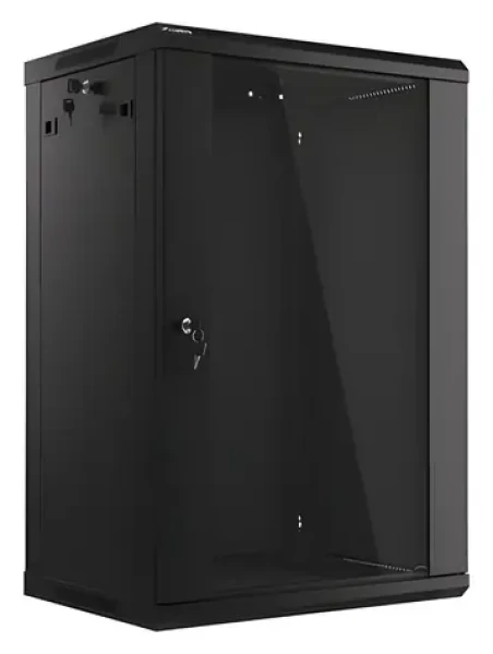 Lanberg WF01-6418-10B černá / Nástěnný rozvaděč / 19" / 18U / 600x450 mm / Flat pack / Skleněné dveře (WF01-6418-10B)