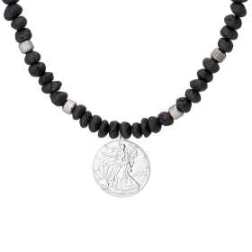 Korálkový náhrdelník Fabio - lávový kámen, americká mince Liberty, Černá 50 cm