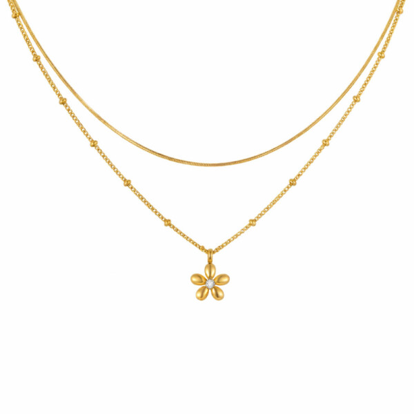 Dvojitý náhrdelník s květinovým motivem Fleur - chirurgická ocel, Zlatá