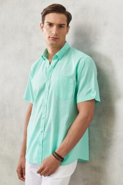 AC&Co Altınyıldız Classics Men's Mint Comfort Fit Relaxed Cut Buttoned Collar Linen Look 100% Cotton Flamed Short Sleeve Shirt