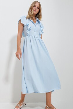 Trend Alaçatı Stili Women's Baby Blue Shirt Collar Half Pop Ruffle Detail Hidden Zipper Midi Length Dress