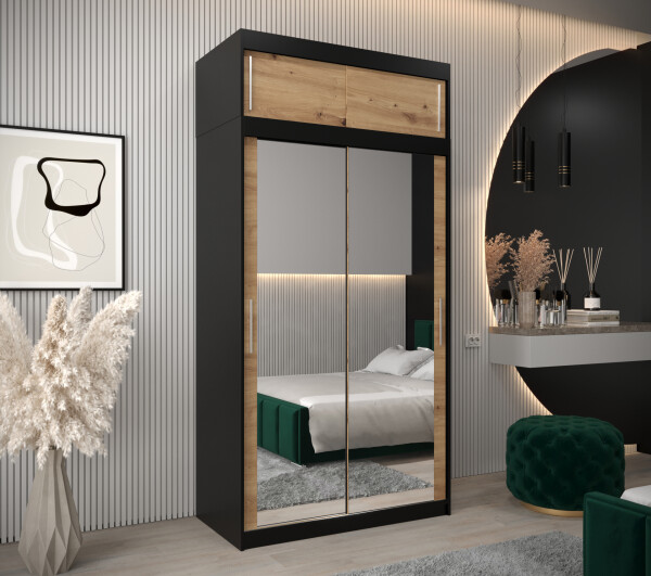 Šatní skříň Abi T3 s nástavcem Barva korpusu: Černá, Rozměry: 120 cm, Dveře: Dub-Artisan
