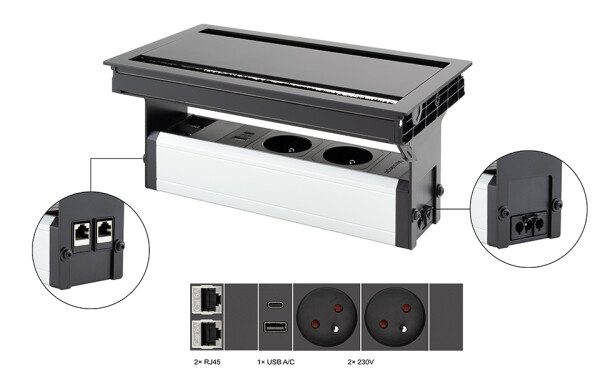 Versalogic VersaFlap dual 2.0 elektrická zásuvka 2x 230V, FR, RJ45, USB A/C, černá (497056)