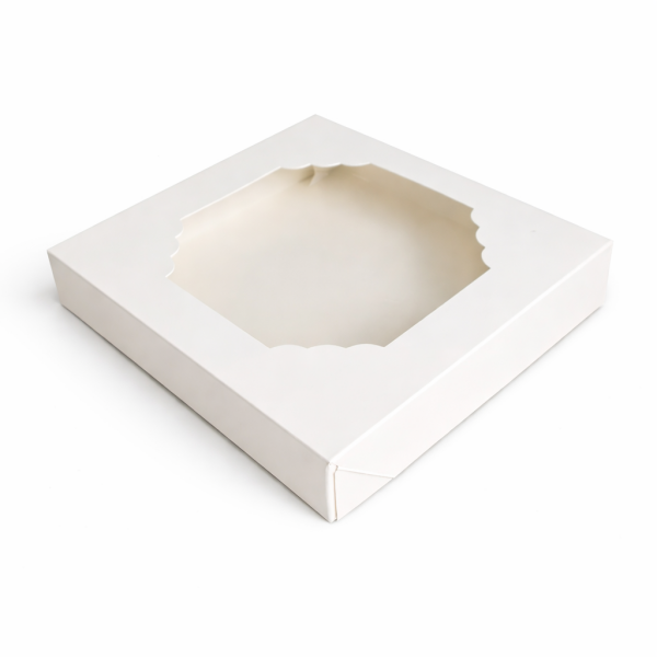 Cake star krabička bílá s okénkem nízka 20x20x3,5cm