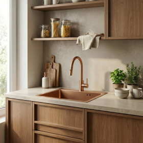 REA/S - Ocelový dřez Leo 50 BRUSH COPPER s kuchyňskou baterií KPL-06015