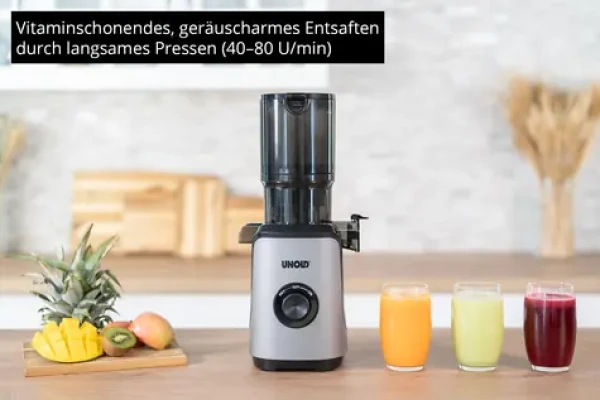 Unold Sam stříbrno-černá / Pomalý odšťavňovač / 200 W / 40-80 ot./min / plnicí otvor 110 mm (78275)