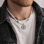 Pánský perlový náhrdelník Joaquin - přírodní perla, větrná růžice, 50 cm Bílá