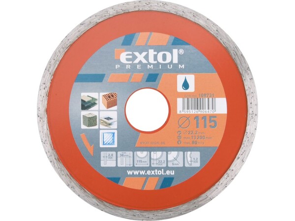 EXTOL-PREMIUM Kotouč diamantový řezný celoobvodový 115x22.2mm / mokré řezání (EX108731)