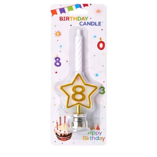 Dortisimo Svíčka bílá s LED zlatým podstavcem ve tvaru hvězdy číslo 8