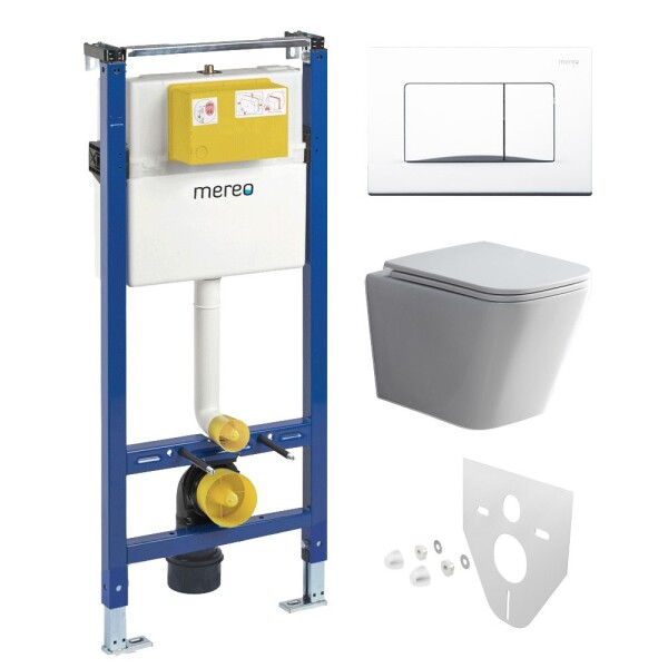 Mereo WC set - Smart flush rimless WC hranaté, modul pro sádrokarton, bílé hranaté tlačítko MM02NSETRT320