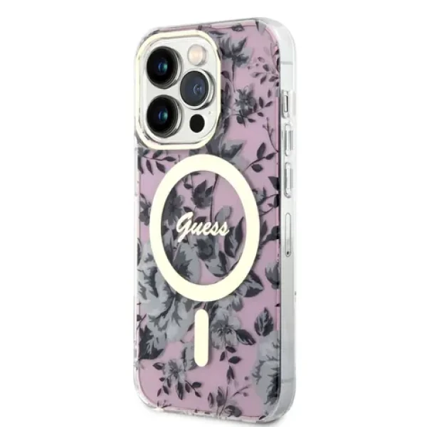 Pouzdro Guess PC/TPU Flowers IML MagSafe Kompatibilní iPhone 14 Pro růžové