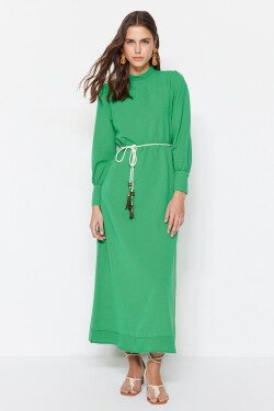 Trendyol zelený pás detailem tkané šaty se širokou manžetou plátěným vzhledem