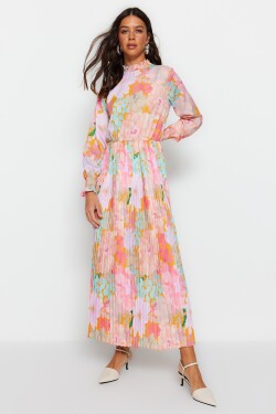 Trendyol růžová vícebarevná sukně skládané tkané květinové šaty