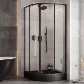 BESCO - Set čtvrtkruhový kout ZARYA BLACK + vanička ALEX STONE EFFECT - Barva rámu - Černá, Rozměr A - 90, Rozměr B - 90, Výplň - Čiré bezpečnostní sklo - 5 mm OLBZAAL90B