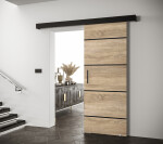 Posuvné dveře Salwador IV Dveře: Bíle mat, Pásky / úchyty: Černá, Horní pojezdová lišta: Dub artisan