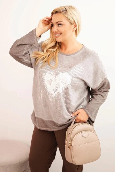 Dámská mikina Plus Size bavlněná s potiskem srdce a tkaničkami hnědá UNI
