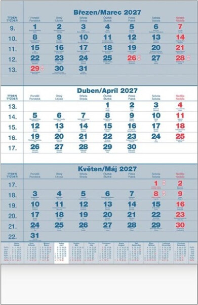 Kalendář 2027 nástěnný Tříměsíční