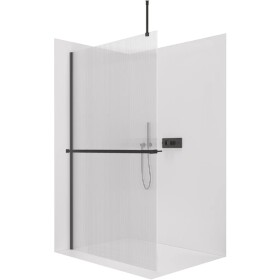 CERANO Sprchová zástěna Walk-in Onyx Top Round L/P - 8 mm - kulatá vzpěra + polička/držák na ručníky - černá matná, rýhované sklo - 50x200 cm