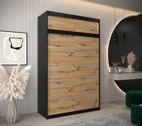 Šatní skříň Abi V1 s nástavcem Barva korpusu: Černá, Rozměry: 150 cm, Dveře: Dub artisan