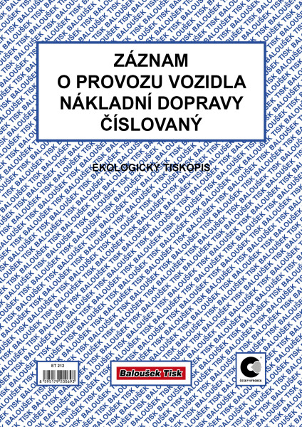 Baloušek Tisk ET212 Záznam o provozu vozidla nákladní dopravy stazka číslovaný