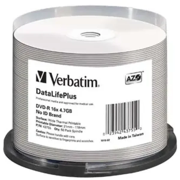 Verbatim DVD-R DataLifePlus Wide Thermal / Optické médium / 4,7 GB / 16x / no-ID / 50 pack Spindle (43755)