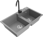 MEXEN/S - Tomas granitový dřez 2-bowl včetně baterie Telma, šedá 6516-71-670200-70