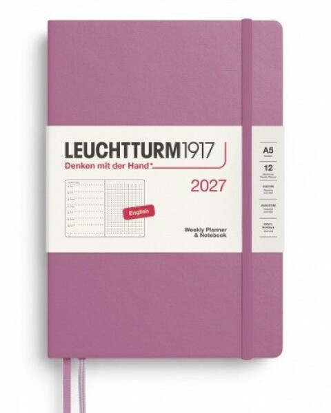 Týdenní plánovač Zápisník Dusty Rose, tečkovaný Medium A5 2027, anglicky