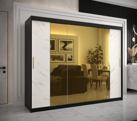 Šatní skříň Abi Golden T2 Barva korpusu: Černá, Rozměry: 250 cm, Dveře: Bílý mramor se zlatým zrcadlem