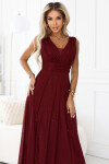 637-1 Večerní dlouhé šaty s brokátovým akcentem a hlubokým výstřihem - bordó UNI