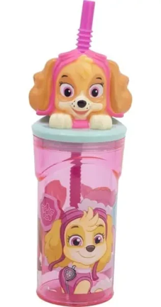 STOR Láhev s brčkem Tlapková patrola 360 ml růžová / Dětská láhev na pití / Bez BPA (81866)
