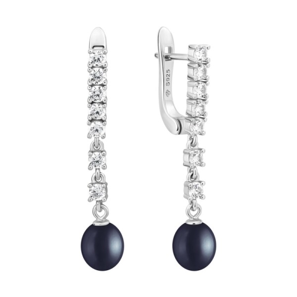 Stříbrné náušnice s černou perlou Tania - stříbro 925/1000, Stříbrná Černá