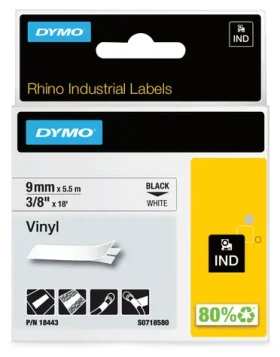 Dymo originální páska do tiskárny štítků 9mm x 5.5m / černý tisk / bílý podklad / RHINO vinylová (18443)