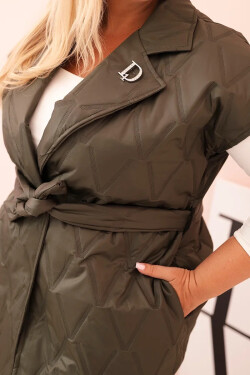 Dámská vesta Plus Size prošívaná s páskem a límcem khaki UNI