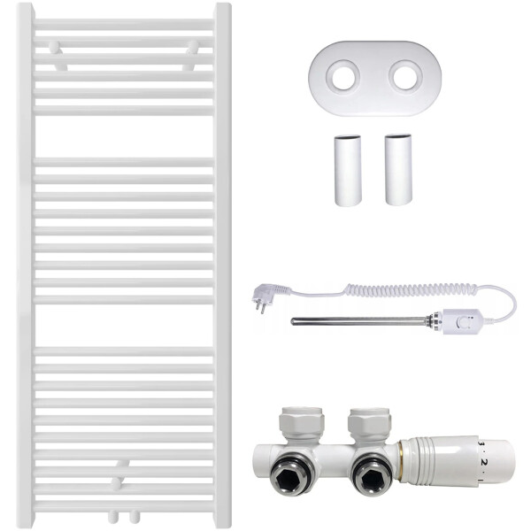 CERANO - Koupelnový radiátorový set Lincoln - kombinované výtápění, termo tyč - středové připojení 50 mm - 300W - bílá lesklá - 1200x500 mm CER-663370