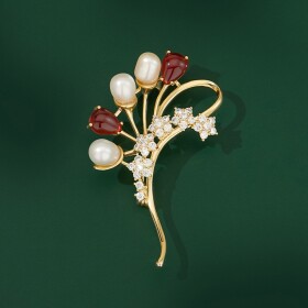 Luxusní brož s perlou a zirkony Alescia - sladkovodní perla, Zlatá