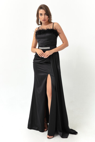 Lafaba Women's Black Long Satin Evening Dress with Rope Straps and Stones and a Belt