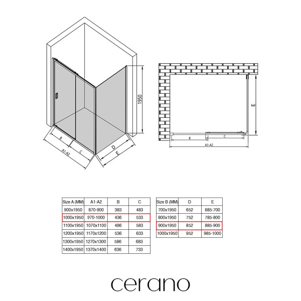 CERANO - Sprchový kout Varone LINE L/P - 6 mm - černá matná, transparentní sklo - 100x90x195 - posuvný CER-DY505B-90103
