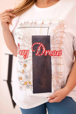 Dámská bavlněná halenka Plus Size s potiskem „Day Dream“ bílá + tmavě modrá UNI