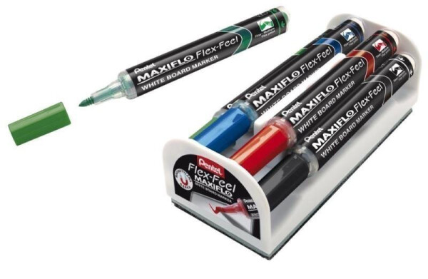 Popisovač na bílé tabule Pentel Maxiflo Flex-Feel - sada 4 ks + houba