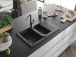 MEXEN/S - Gaspar granitový dřez 1.5 s odkapávačem včetně baterie Flora, černá kropenatá 6507-76-670401-08-B