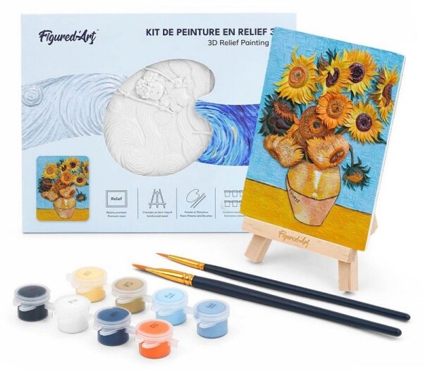 3D reliéfní malba - Slunečnice Van Gogh - Sběratelská sada s dřevěným stojánkem